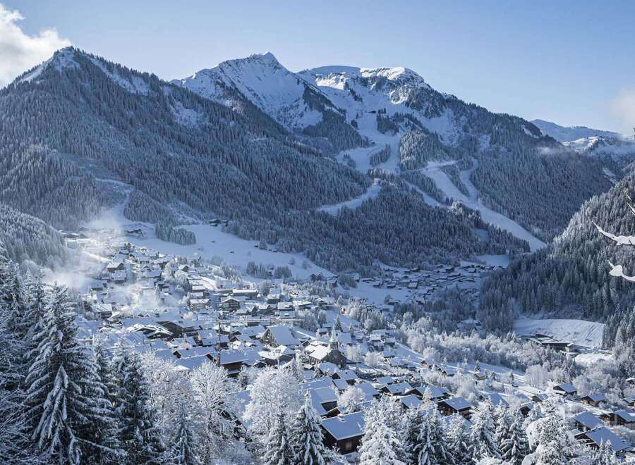 Discover a charming alpine village nestled amidst snow-covered mountains and dense pine forests.