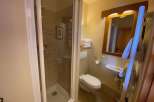 This cozy bathroom features a modern shower with a glass enclosure, perfect for a refreshing start to your day.