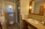 This cozy bathroom features a stylish sink and vanity, perfect for your daily routines.