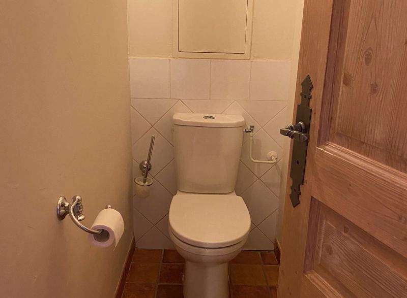 This charming bathroom features a classic toilet design, complemented by a stylish wooden door.