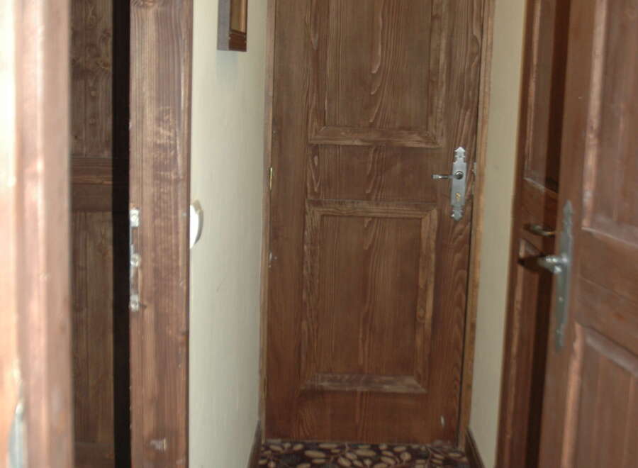 Discover a charming hallway featuring warm wooden doors and a richly patterned carpet.