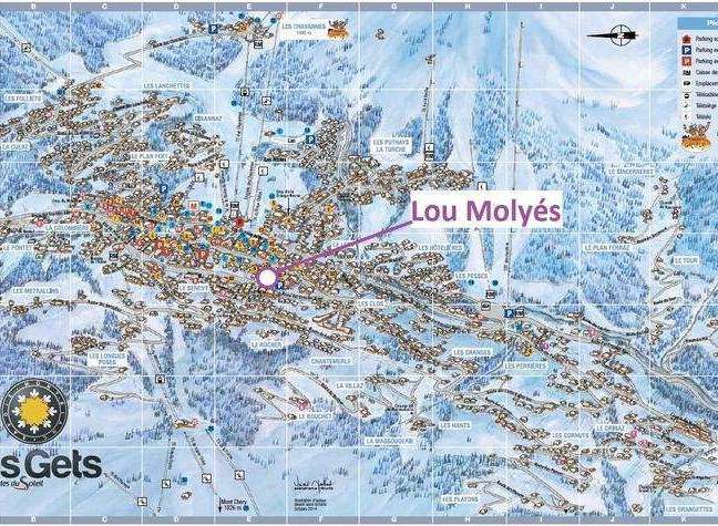 Explore the Les Gets ski area with this detailed map, highlighting key locations like Lou Molyés.
