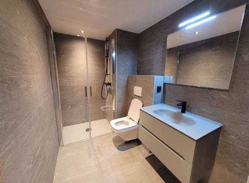 Modern bathroom design featuring a sleek shower enclosure and contemporary fixtures.