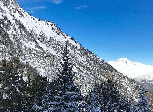 Experience the breathtaking beauty of the mountains in this stunning winter landscape.