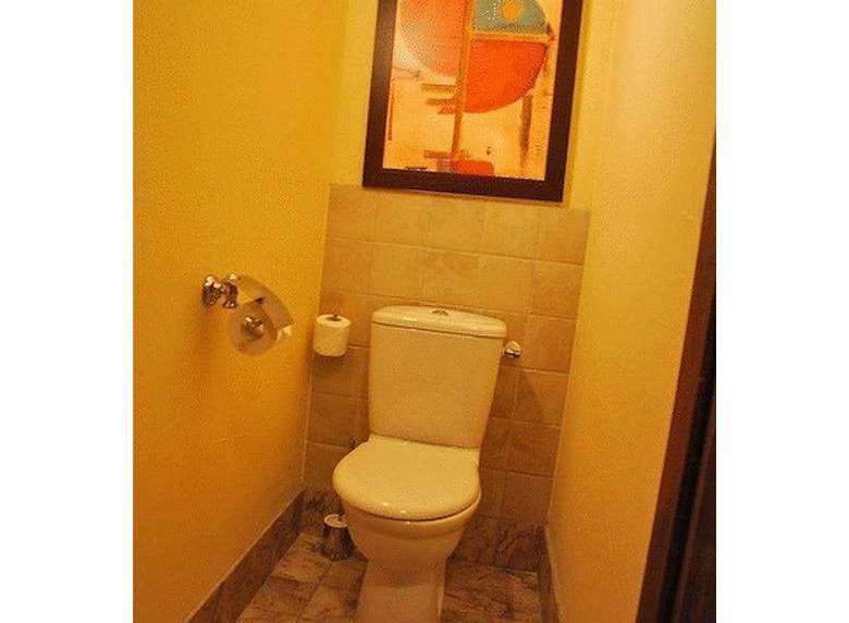 This cozy bathroom features a stylish toilet and a unique piece of art, creating a welcoming atmosphere.