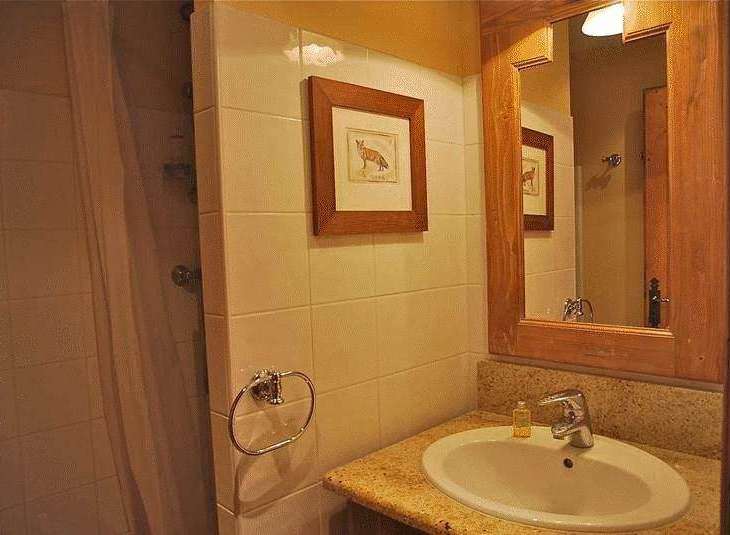 This cozy bathroom features a charming framed artwork and a stylish towel ring.
