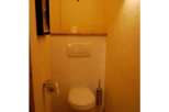 This cozy bathroom features a classic toilet design.