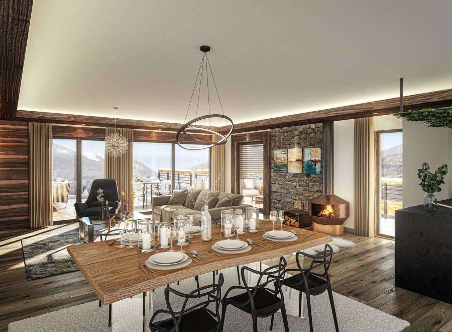 Experience luxury living in this stunning chalet, featuring a spacious dining area perfect for entertaining.