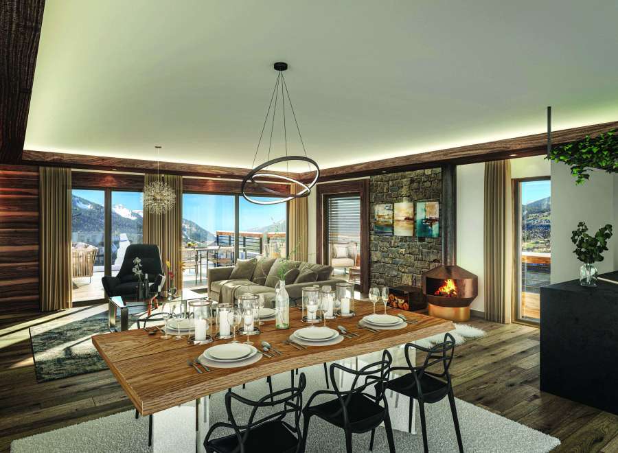 Experience luxury living in this stunning chalet, featuring a spacious dining area perfect for entertaining.