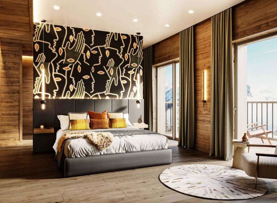 Experience luxury in this stunning bedroom with a unique artistic accent wall.