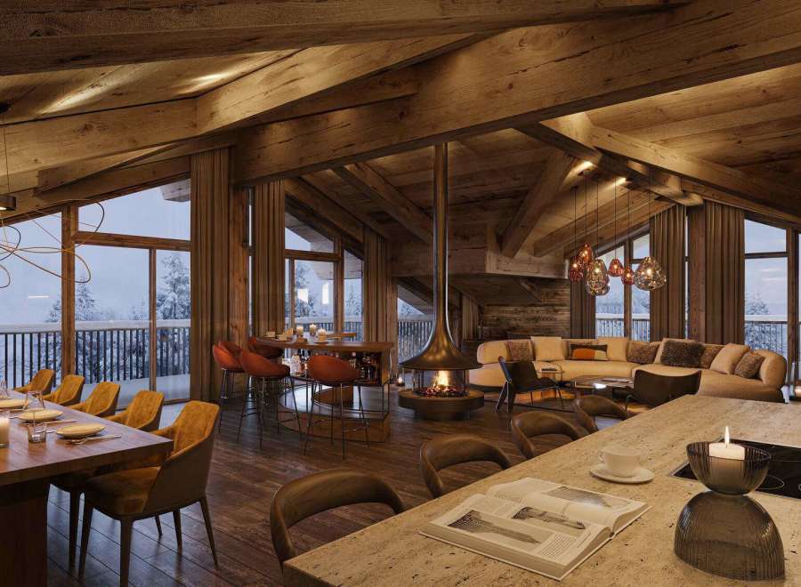 Experience luxury living in this stunning chalet, featuring a cozy fireplace and expansive windows that frame breathtaking snowy views.