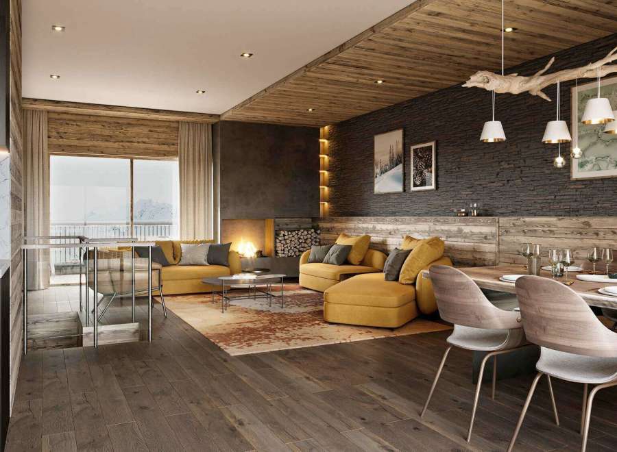 Experience luxury living in this stunning chalet, featuring a cozy fireplace and elegant seating areas.