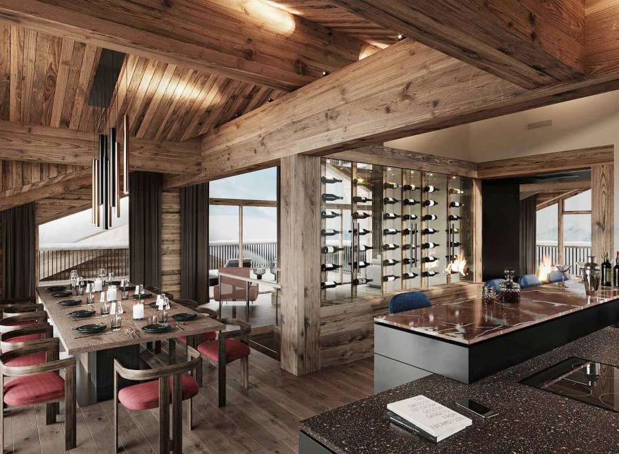 Experience luxury living in this stunning chalet, featuring a beautifully designed dining area perfect for entertaining.