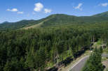 This property boasts stunning views of lush green mountains and a dense pine forest.