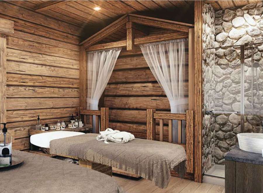 Escape to our luxurious spa, nestled in a rustic wooden cabin.
