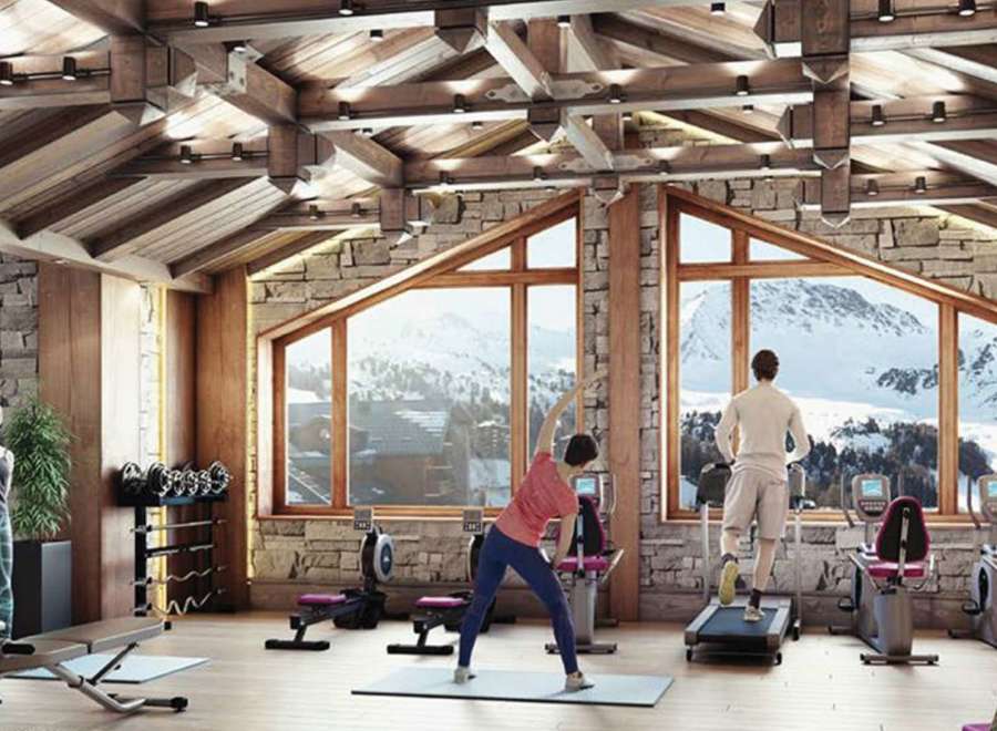 Luxury chalet gym with stunning mountain views.