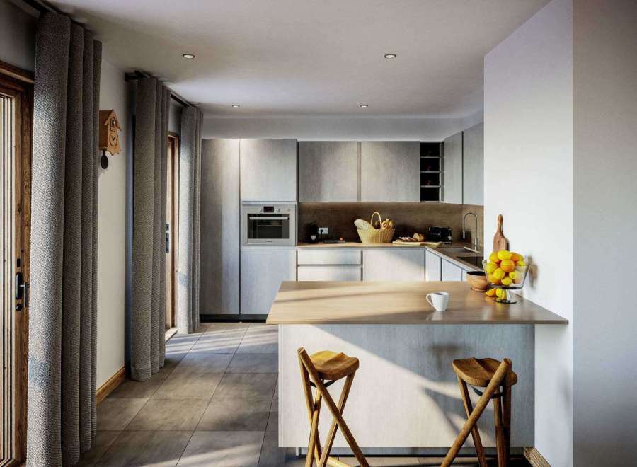 Step into this modern kitchen, featuring sleek cabinetry and a stylish island.