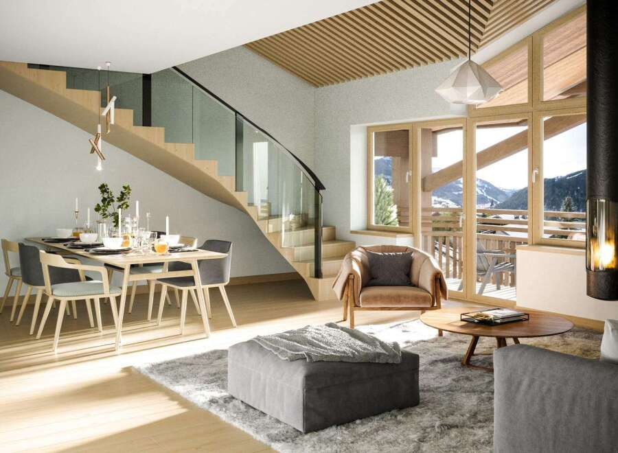 This stunning property boasts a modern open-plan design with breathtaking mountain views.