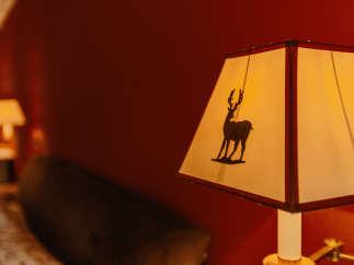 Cozy up in this charming room, featuring a unique lamp with a deer silhouette.