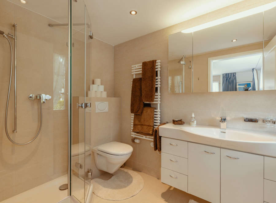 This modern bathroom features a sleek glass shower, a stylish vanity with ample storage, and a comfortable toilet.