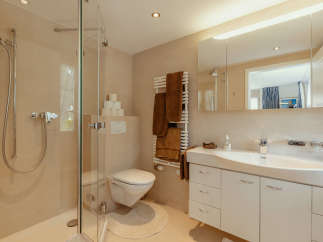 This modern bathroom features a sleek glass shower, a stylish vanity with ample storage, and a comfortable toilet.