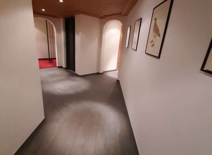 Explore the elegant hallway featuring a warm wooden ceiling and sleek, dark flooring.