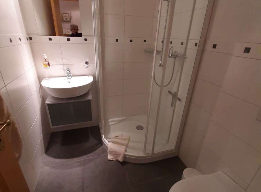 This cozy bathroom features a modern shower enclosure, perfect for a refreshing start to your day.