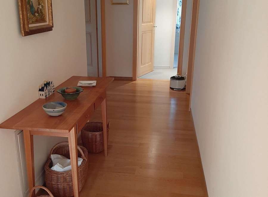 This inviting hallway showcases beautiful hardwood floors and a warm, welcoming atmosphere.