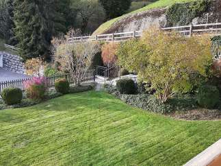 Enjoy the serene beauty of this property, featuring a lush green lawn and meticulously landscaped gardens.
