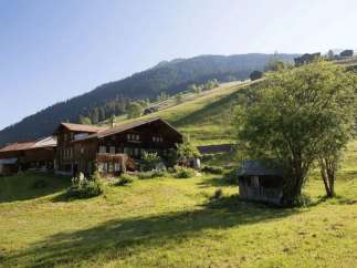 Discover a charming wooden house nestled in a picturesque mountain landscape.