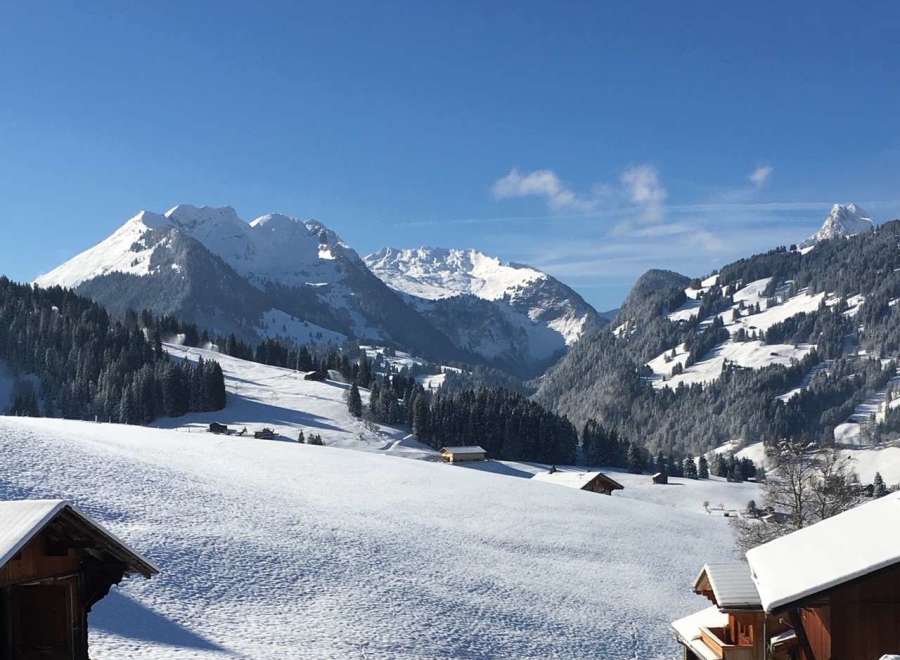 Experience the breathtaking beauty of the Swiss Alps in this stunning winter landscape.