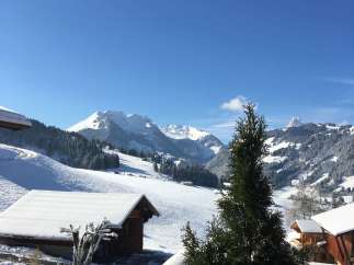 Enjoy breathtaking mountain views from this cozy chalet.