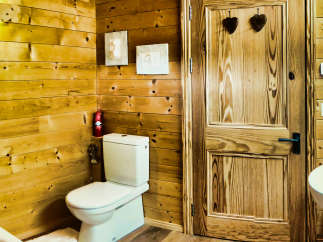 This cozy bathroom features beautiful wooden paneling, creating a warm and inviting atmosphere.