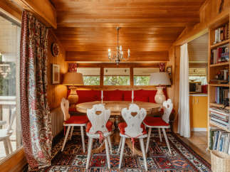 Step into a cozy dining room with a rustic charm.