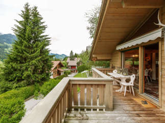 Enjoy breathtaking mountain views from this charming wooden chalet.