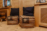 Cozy seating area with rustic wooden accents.
