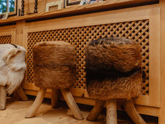 Cozy up in this inviting space featuring unique fur-covered stools.