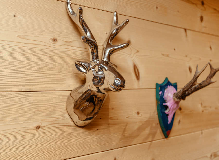 This property features unique wall decor, including a metallic deer head and a mounted antler display.