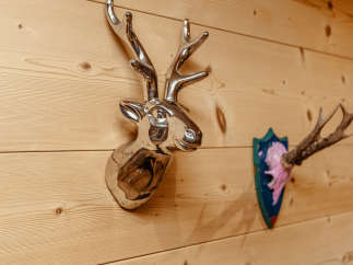 This property features unique wall decor, including a metallic deer head and a mounted antler display.