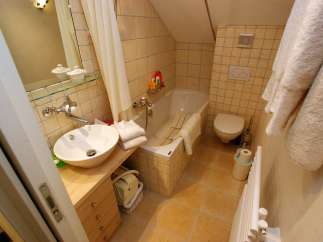 This cozy bathroom features a stylish sink and vanity, perfect for daily routines.