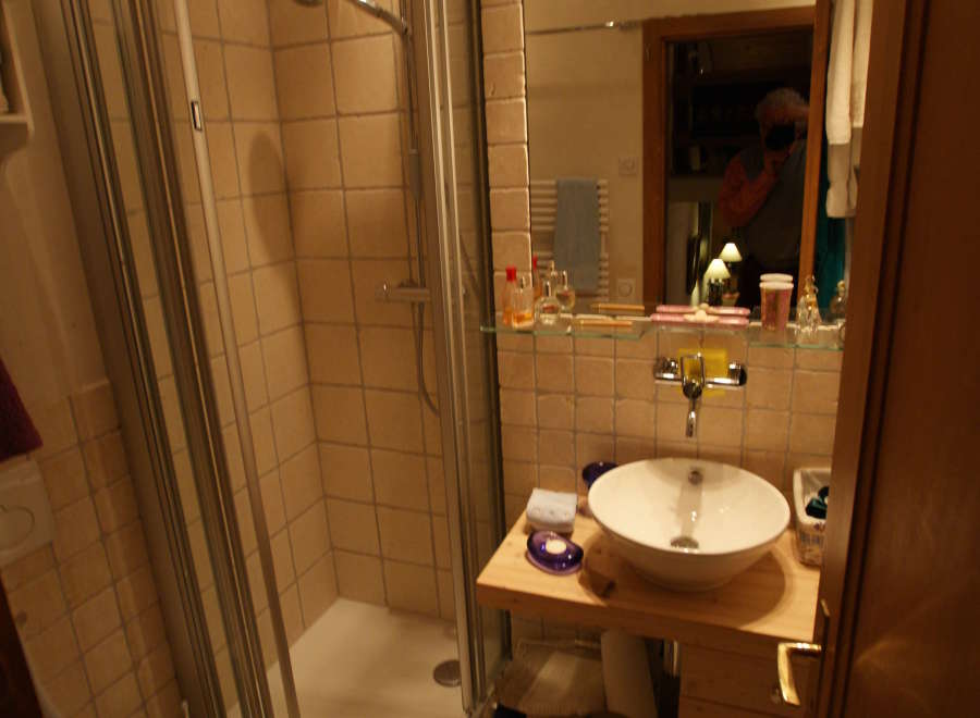 This bathroom features a modern shower with glass doors, a stylish sink, and a convenient toilet.