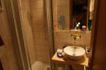 This bathroom features a modern shower with glass doors, a stylish sink, and a convenient toilet.