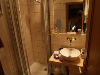 This bathroom features a modern shower with glass doors, a stylish sink, and a convenient toilet.
