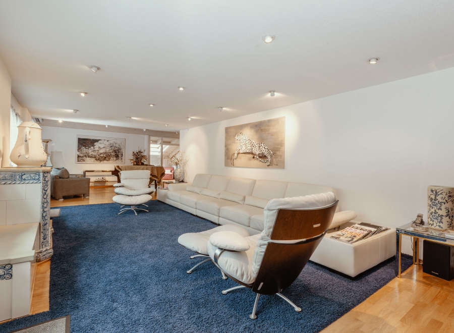This stunning living room boasts a modern design with a touch of elegance.