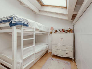 This charming bedroom features a cozy bunk bed, perfect for kids or guests.