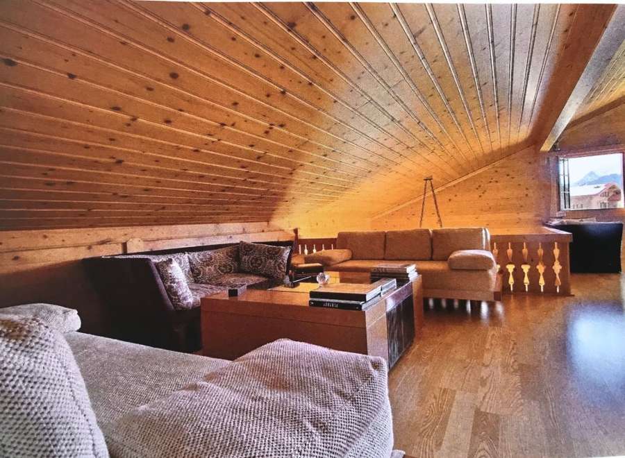 This cozy living space features a stunning wooden ceiling and warm wooden floors, creating a rustic and inviting atmosphere.