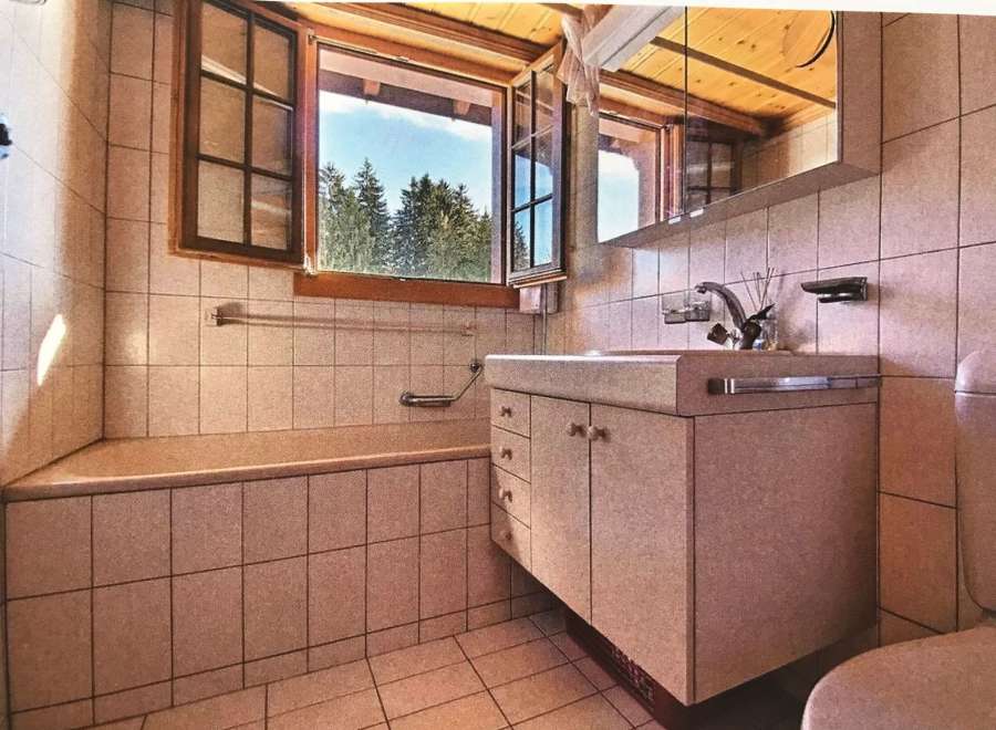 This bathroom features a stunning view of the surrounding nature through a large window.