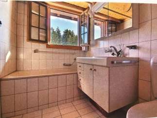 This bathroom features a stunning view of the surrounding nature through a large window.