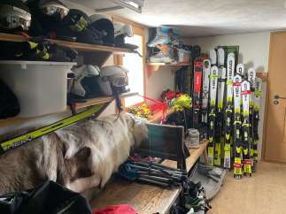 This cozy ski storage area is perfect for storing all your winter gear.