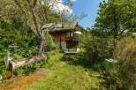 Discover a charming wooden cabin nestled in a lush, green garden.